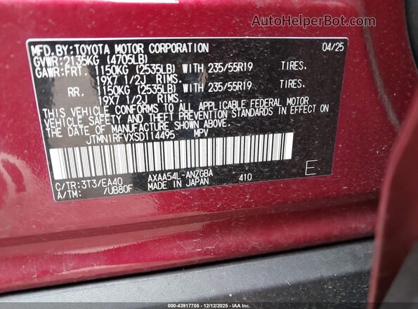 JTMN1RFVXSD114495 2025 TOYOTA LIMITED Темно-бордовый Вид подкапотного пространства