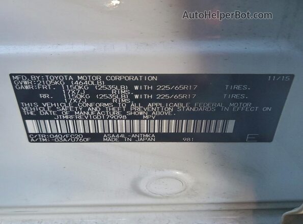 JTMRFREV1GD179098 2016 TOYOTA LE White Widok naklejki z numerem VIN