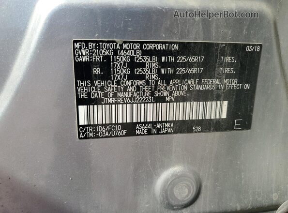 JTMRFREV6JJ222231 2018 TOYOTA RAV Серебряный 