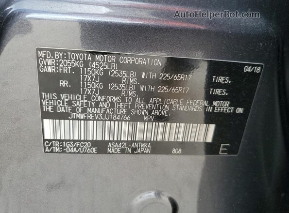 JTMWFREV3JJ184766 2018 TOYOTA RAV4 Charcoal Widok naklejki z numerem VIN