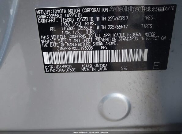 JTMZFREVXJJ193008 2018 TOYOTA LE Silver 