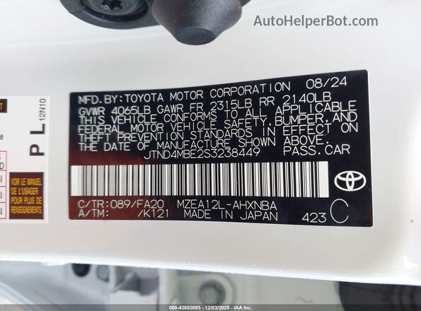 JTND4MBE2S3238449 2025 TOYOTA LL Белый Вид подкапотного пространства