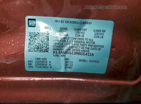 KL4AMBS23RB054116 2024 BUICK ENCORE Orange VIN კოდის სტიკერის ხედი