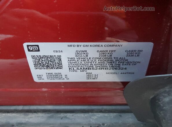 KL4AMBS24RB206324 2024 BUICK ENCORE Red VIN კოდის სტიკერის ხედი
