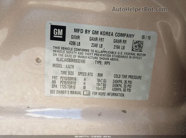 KL4CJASB0KB932490 2019 BUICK ENCORE Brown Вид підкапотного простору