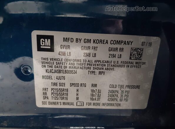 KL4CJASB1LB009534 2020 BUICK ENCORE Blue Vista del compartimento del motor