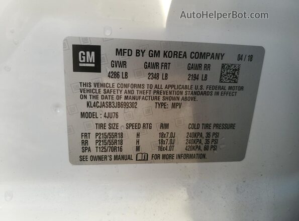 KL4CJASB3JB699302 2018 BUICK ENCORE White 