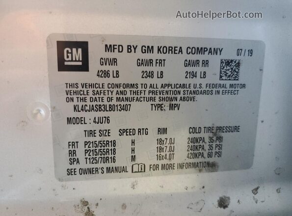 KL4CJASB3LB013407 2020 BUICK ENCORE Silver Вид наклейки з VIN-кодом