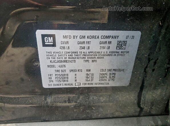 KL4CJASB4MB314270 2021 BUICK ENCORE Black VIN კოდის სტიკერის ხედი