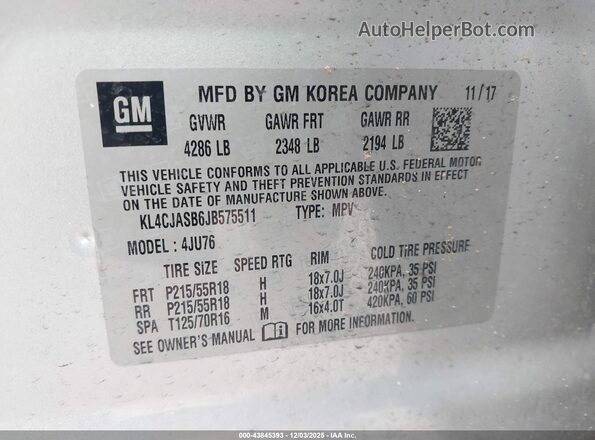 KL4CJASB6JB575511 2018 BUICK ENCORE Серебряный 