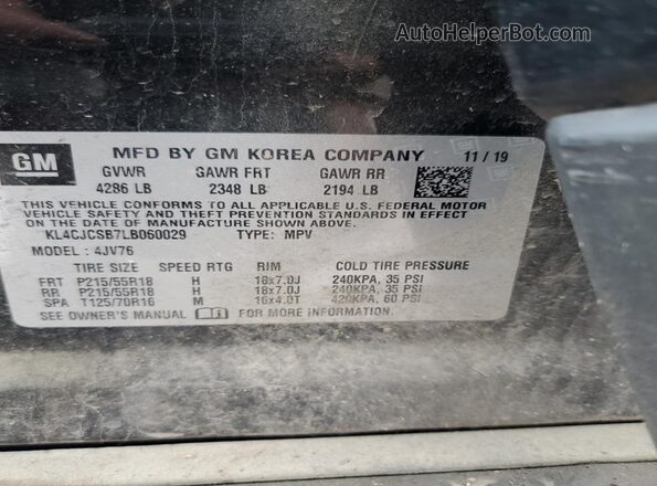 KL4CJCSB7LB060029 2020 BUICK ENCORE Black Widok naklejki z numerem VIN