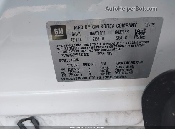 KL4MMBS26LB078933 2020 BUICK ENCORE White ძრავის განყოფილების ხედი