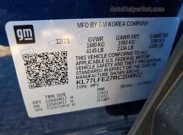 KL77LFE27RC204922 2024 CHEVROLET TRAX Blue Widok naklejki z numerem VIN