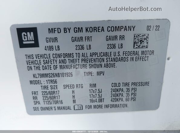 KL79MMS26NB101926 2022 CHEVROLET TRAILBLAZER White Вид підкапотного простору