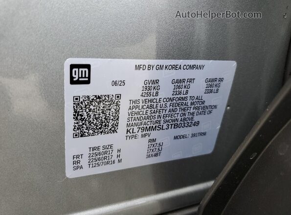 KL79MMSL3TB033249 2026 CHEVROLET TRAILBLAZER Gray Vista de la etiqueta del VIN
