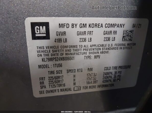 KL79MPS24NB006041 2022 CHEVROLET TRAILBLAZER Gray Widok komory silnika
