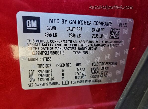 KL79MPSL0MB003113 2021 CHEVROLET TRAILBLAZER Red 