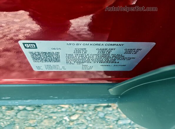 KL79MPSL3TB032944 2026 CHEVROLET TRAILBLAZER Red Вид наклейки з VIN-кодом