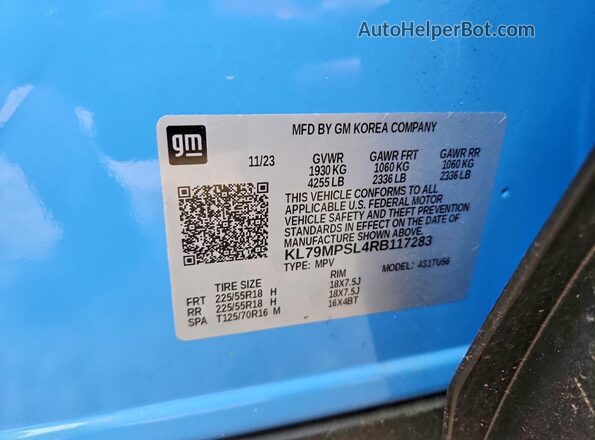 KL79MPSL4RB117283 2024 CHEVROLET TRAILBLAZER Blue VIN კოდის სტიკერის ხედი