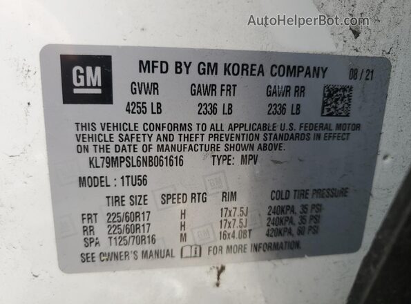 KL79MPSL6NB061616 2022 CHEVROLET TRAILBLAZER White Vista de la etiqueta del VIN