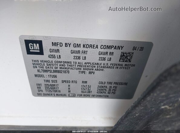 KL79MPSL9MB021870 2021 CHEVROLET TRAILBLAZER White Widok komory silnika