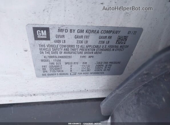 KL79MRSL0NB092291 2022 CHEVROLET TRAILBLAZER White Շարժիչի բաժամունքի տեսք