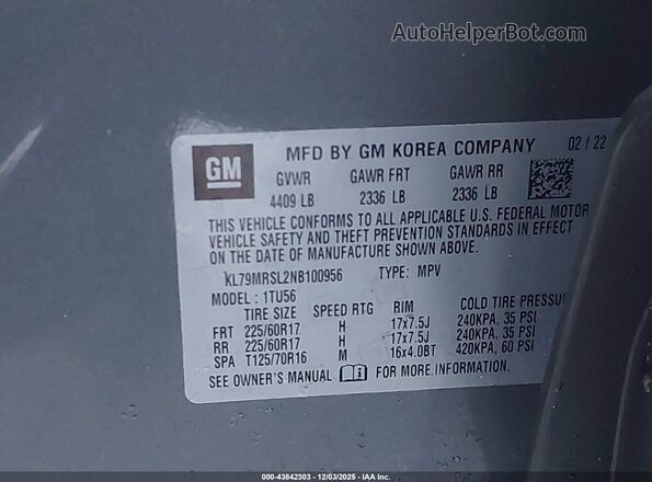KL79MRSL2NB100956 2022 CHEVROLET TRAILBLAZER Gray ძრავის განყოფილების ხედი
