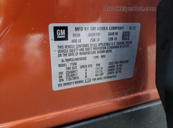 KL79MRSL4NB102935 2022 CHEVROLET TRAILBLAZER Orange VIN կոդի պիտակի տեսք