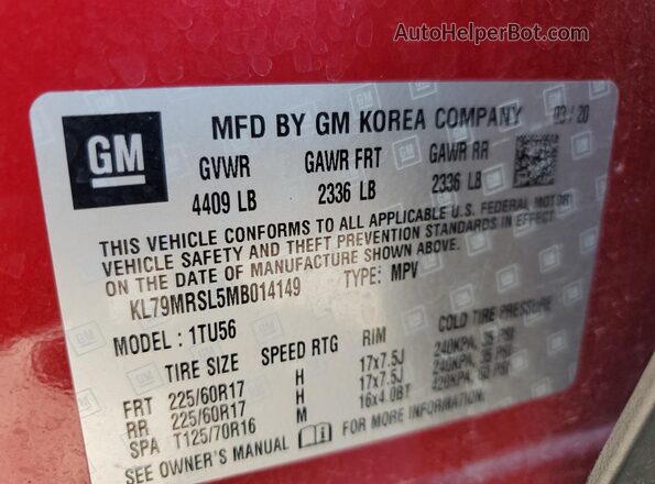 KL79MRSL5MB014149 2021 CHEVROLET TRAILBLAZER Red VIN sticker view