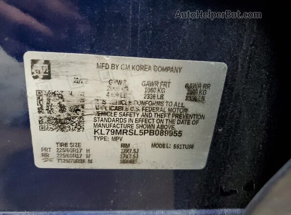KL79MRSL5PB089955 2023 CHEVROLET TRAILBLAZER Blue Vista de la etiqueta del VIN