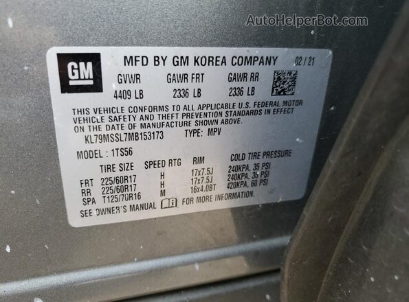 KL79MSSL7MB153173 2021 CHEVROLET TRAILBLAZER Gray 