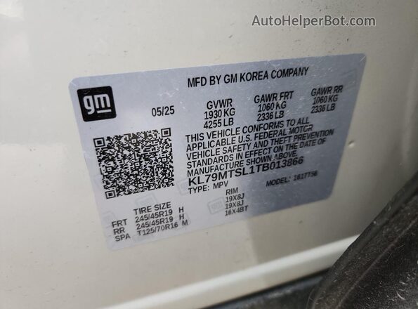 KL79MTSL1TB013866 2026 CHEVROLET TRAILBLAZER White VIN კოდის სტიკერის ხედი