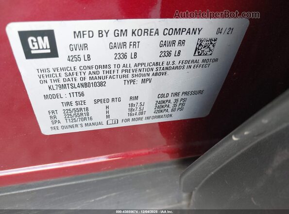 KL79MTSL4NB010382 2022 CHEVROLET TRAILBLAZER Burgundy Engine compartment view