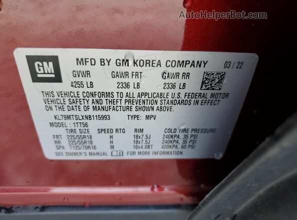 KL79MTSLXNB115993 2022 CHEVROLET TRAILBLAZER Burgundy ძრავის განყოფილების ხედი