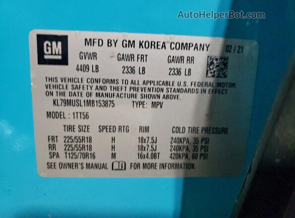 KL79MUSL1MB153875 2021 CHEVROLET TRAILBLAZER Turquoise VIN კოდის სტიკერის ხედი
