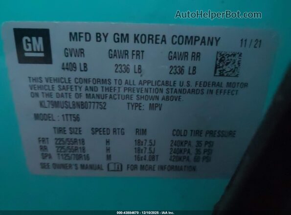 KL79MUSL8NB077752 2022 CHEVROLET TRAILBLAZER Blue Widok z tyłu
