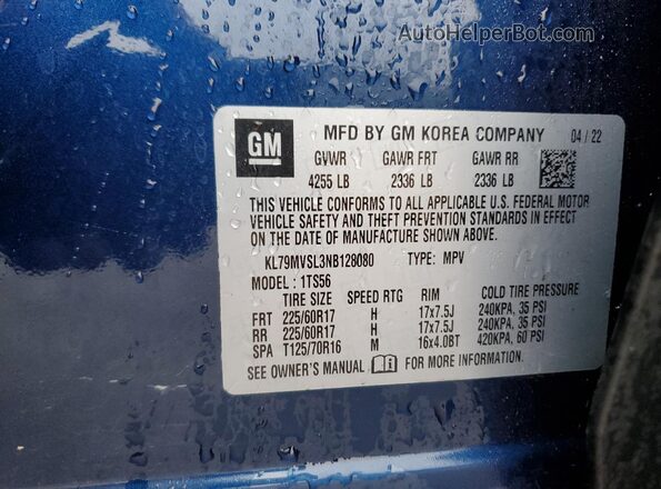 KL79MVSL3NB128080 2022 CHEVROLET TRAILBLAZER Blue Панорамний вид салону 360°