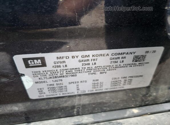 KL7CJKSB5MB327960 2021 CHEVROLET TRAX Black VIN კოდის სტიკერის ხედი