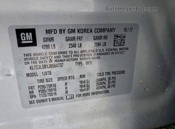KL7CJLSB1JB564737 2018 CHEVROLET TRAX Silver 