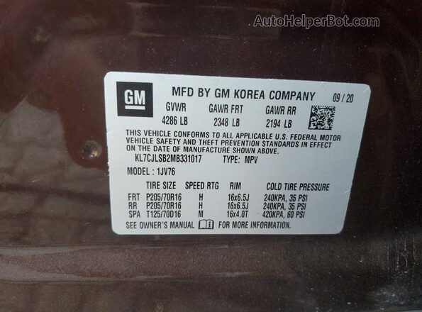 KL7CJLSB2MB331017 2021 CHEVROLET TRAX Burgundy 