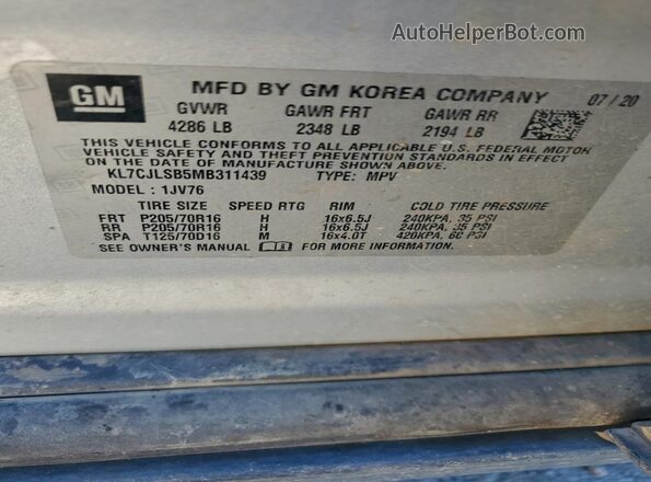 KL7CJLSB5MB311439 2021 CHEVROLET TRAX Silver Vista de la etiqueta del VIN