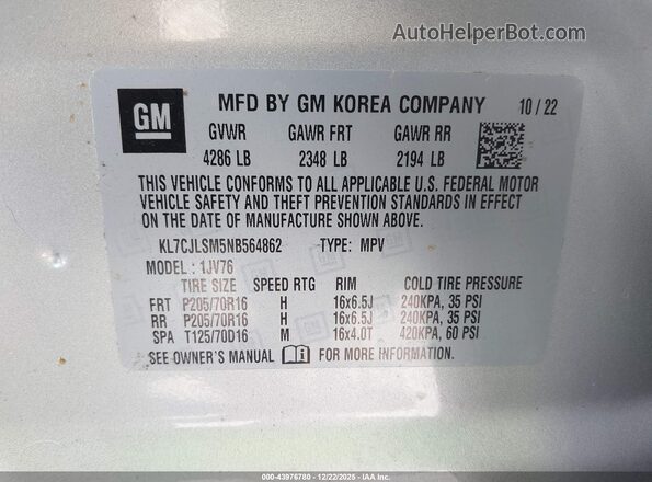 KL7CJLSM5NB564862 2022 CHEVROLET TRAX Silver Widok komory silnika