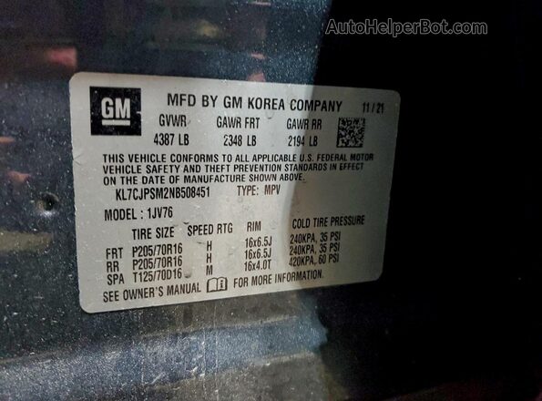 KL7CJPSM2NB508451 2022 CHEVROLET TRAX Blue Widok naklejki z numerem VIN