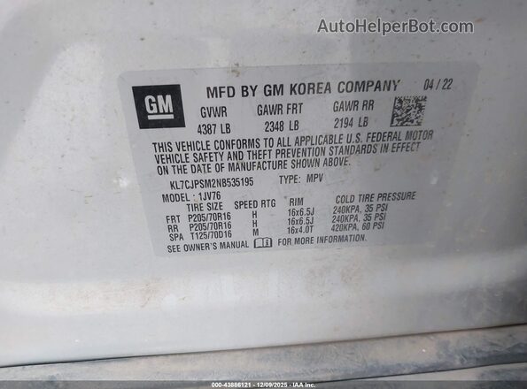 KL7CJPSM2NB535195 2022 CHEVROLET TRAX Серебряный Вид подкапотного пространства
