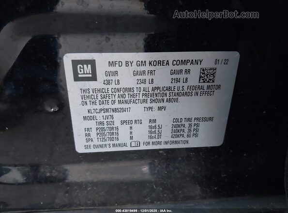 KL7CJPSM7NB520417 2022 CHEVROLET TRAX Black Vista del compartimento del motor