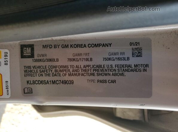 KL8CD6SA1MC749039 2021 CHEVROLET SPARK Cream VIN კოდის სტიკერის ხედი