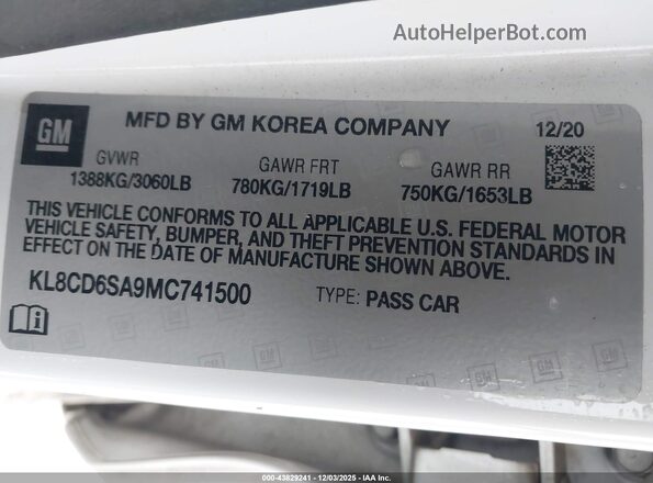 KL8CD6SA9MC741500 2021 CHEVROLET SPARK White Engine compartment view