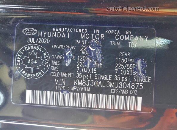 KM8J3CAL3MU304875 2021 HYUNDAI TUCSON Black VIN კოდის სტიკერის ხედი