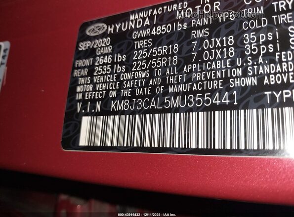 KM8J3CAL5MU355441 2021 HYUNDAI TUCSON Red Widok komory silnika
