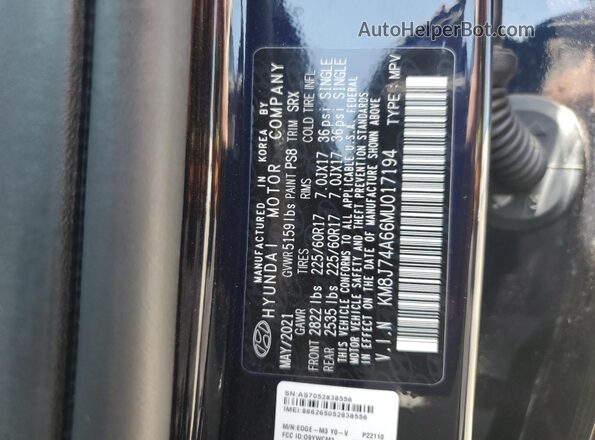 KM8J74A66MU017194 2021 HYUNDAI NEXO Blue Widok wnętrza 360 stopni